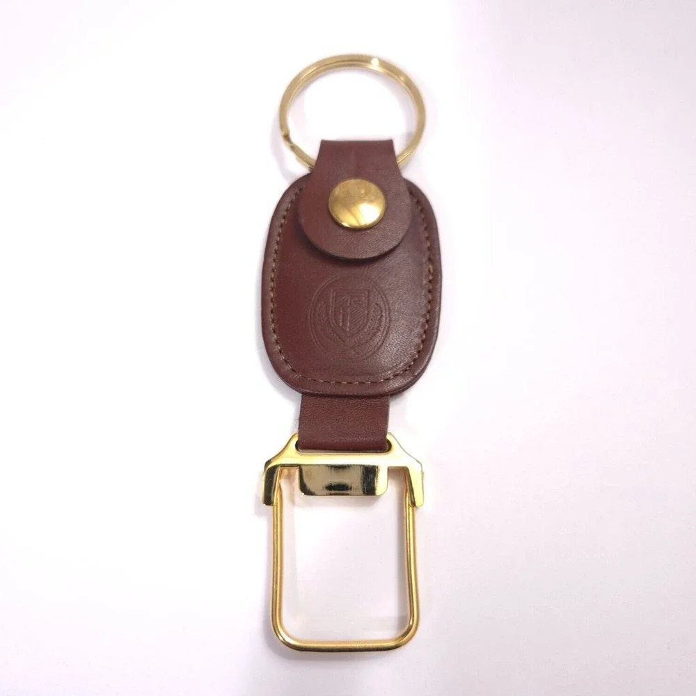 NICE Vintage Brown Leather Gold Keychain Key Chain Ring Loop Holder Logo Tether